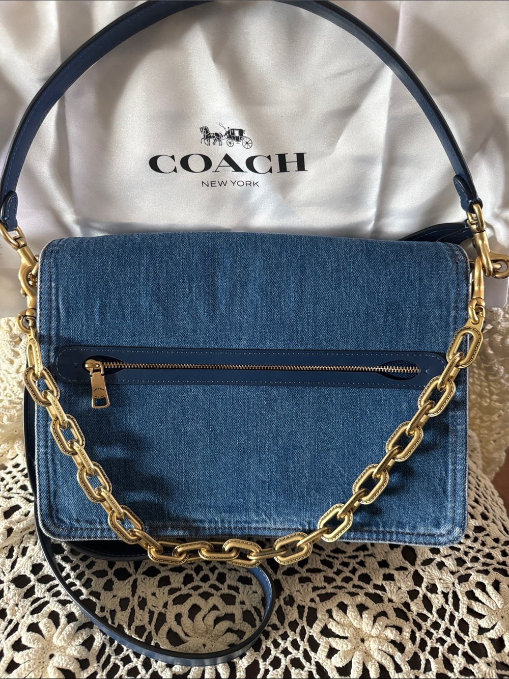 COACH Denim Chain Tabby 30 Shoulder Bag with Gold 'C' Accent & Chunky Gold Chain - Picture 2 of 8
